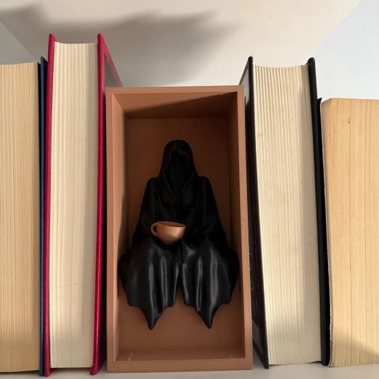 Sitting Grim Reaper Statue Spooky Bookshelf Decoration Gothic Black-Robed Man