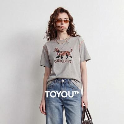 Chuyu Women's Cotton T-Shirt with Dog & Letter Print