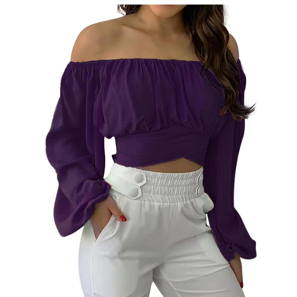Women's Fashion Casual Summer Off Shoulder Cross Strap Long Sleeved Top