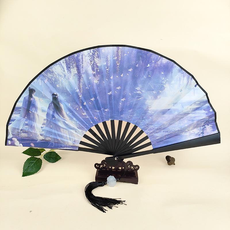 Ancient Style 8-Inch Folding Plastic Fan with Tassel for Men's Hanfu Dance