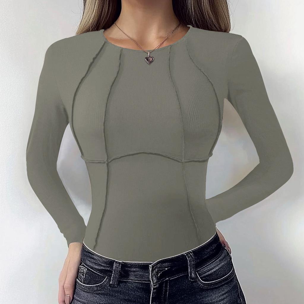 European & American Slim Fit Carved Split Long Sleeve Round Neck Women's T-shirt - Versatile Solid Color Slimming Autumn Top