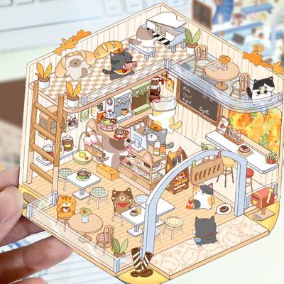 Cartoon Landscape Stickers - Multiple Miniature World Houses, Stress-relieving Scenes, Hand-written Notebook Stickers