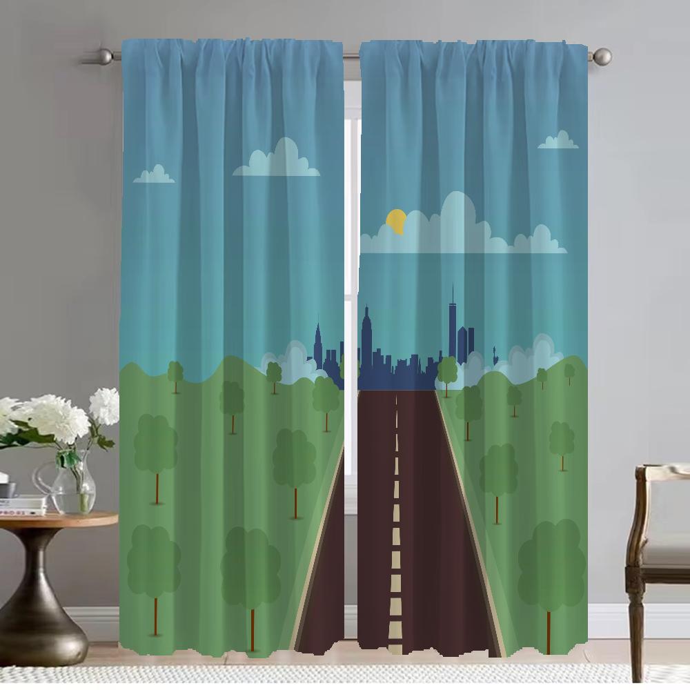 City Road Cartoon Kitchen Curtains 2 Pieces Living Room Curtain Shades Tulle for Bedroom Halloween Decoration Partition Blackout