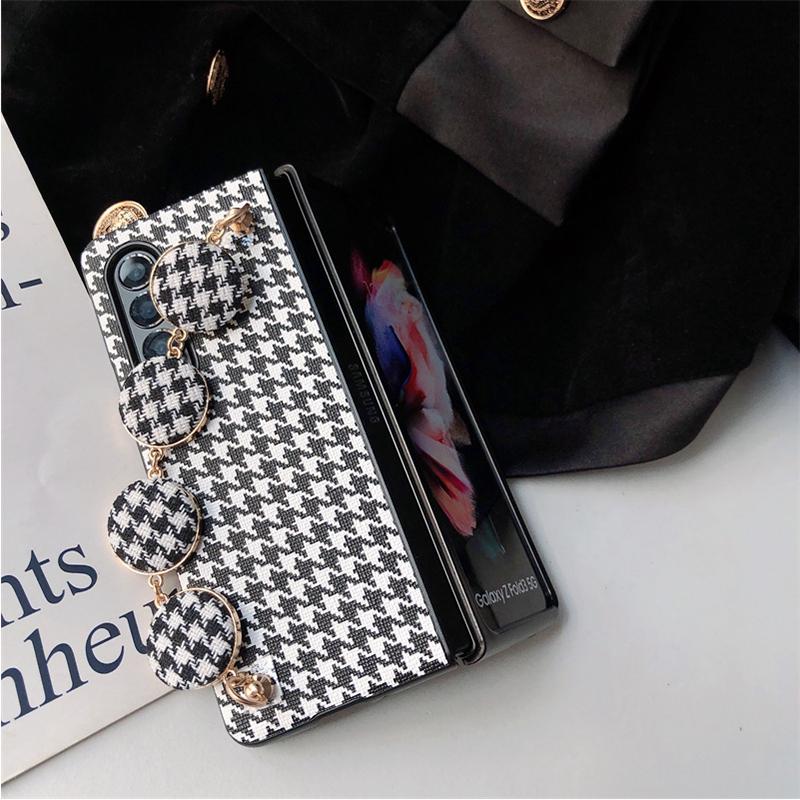 Dámský látkový náramek s mřížkovým vzorem Kryt na telefon Samsung Galaxy Z Fold 3 5g Zfold 4 Houndstooth Potištěné pouzdro Pu Leather Hard