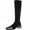 Legs~ Show Leg Length~ Autumn and Winter Elastic Boots Square Head Fashion Fashion Boots Women's European and American Splicing Knee Boots Thick Heel