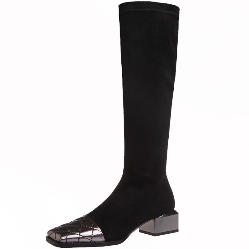 Legs~ Show Leg Length~ Autumn and Winter Elastic Boots Square Head Fashion Fashion Boots Women's European and American Splicing Knee Boots Thick Heel