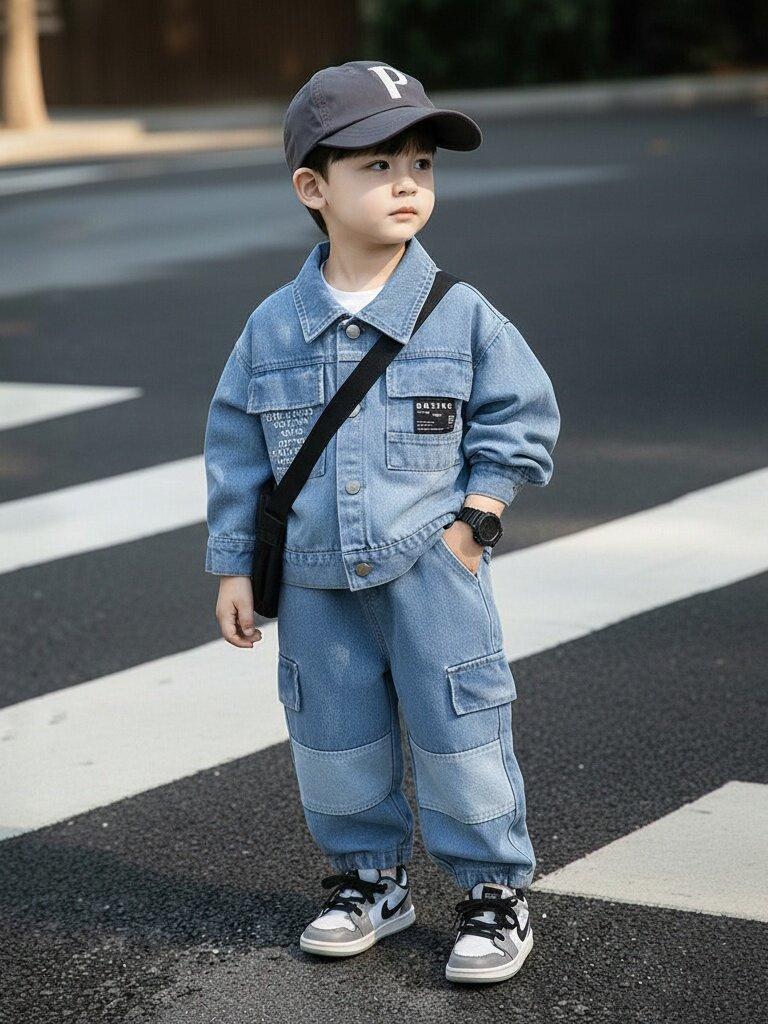 Set di tre pezzi alla moda in denim con cappuccio per bambini: Elegante Outfit Primavera/Autunno per Neonati Maschi 2026
