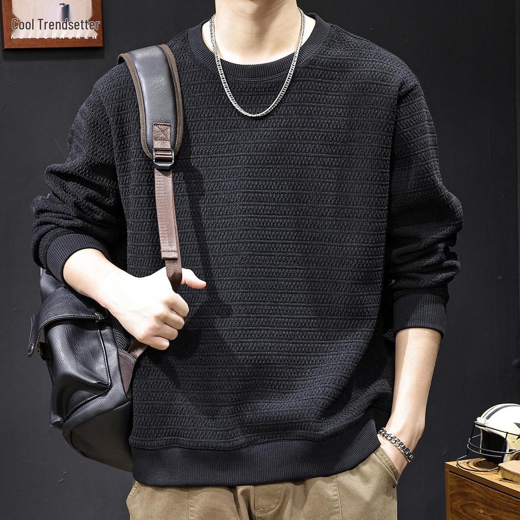 Men's 2025 Trendy Fleece-Lined Round Neck Hoodie for Autumn/Winter - Unique Texture, Long Sleeve