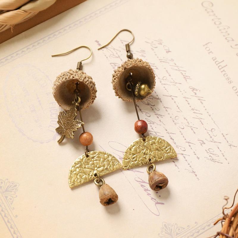Retro natural plant earrings handmade creative niche acorn fruit long fringed design women's earrings