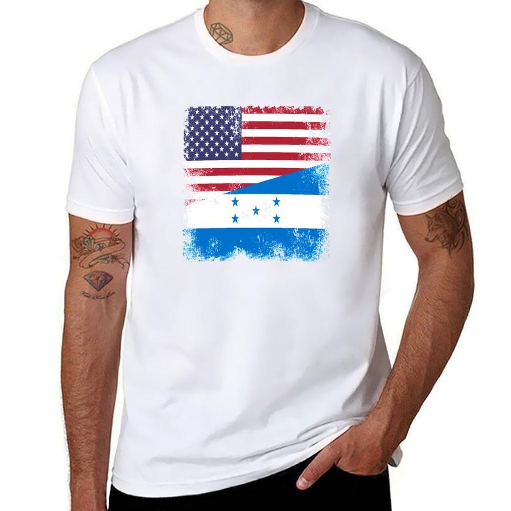 Half Honduran Flag Design Vintage Honduras USA Gift T-Shirt Plus Size Workout Short Sleeve Top