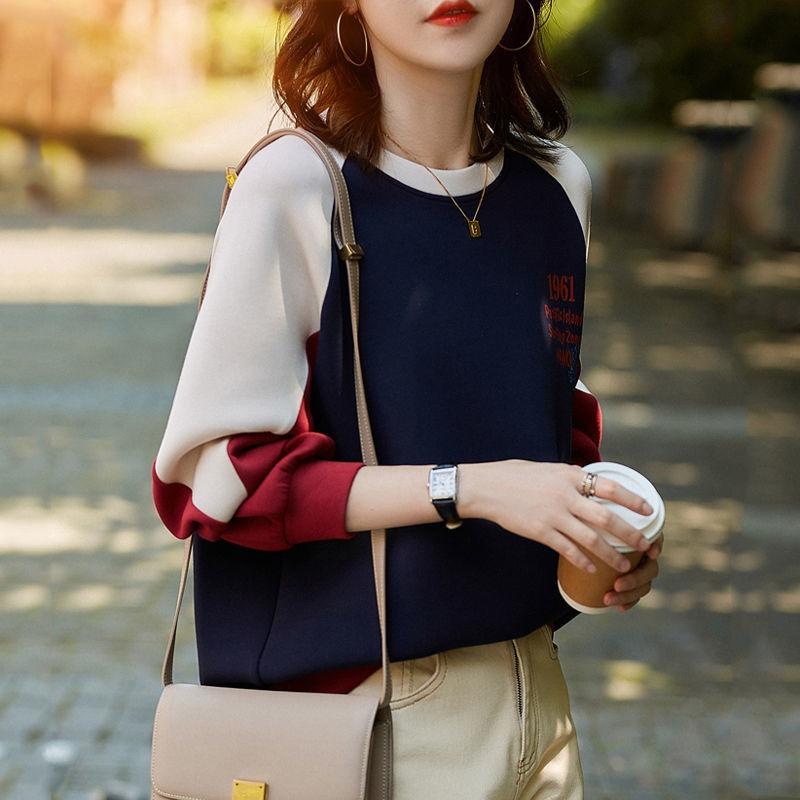 Round Neck Sweatshirt Women Spring Autumn Thin Loose Versatile Design Color Block Hoodless Top