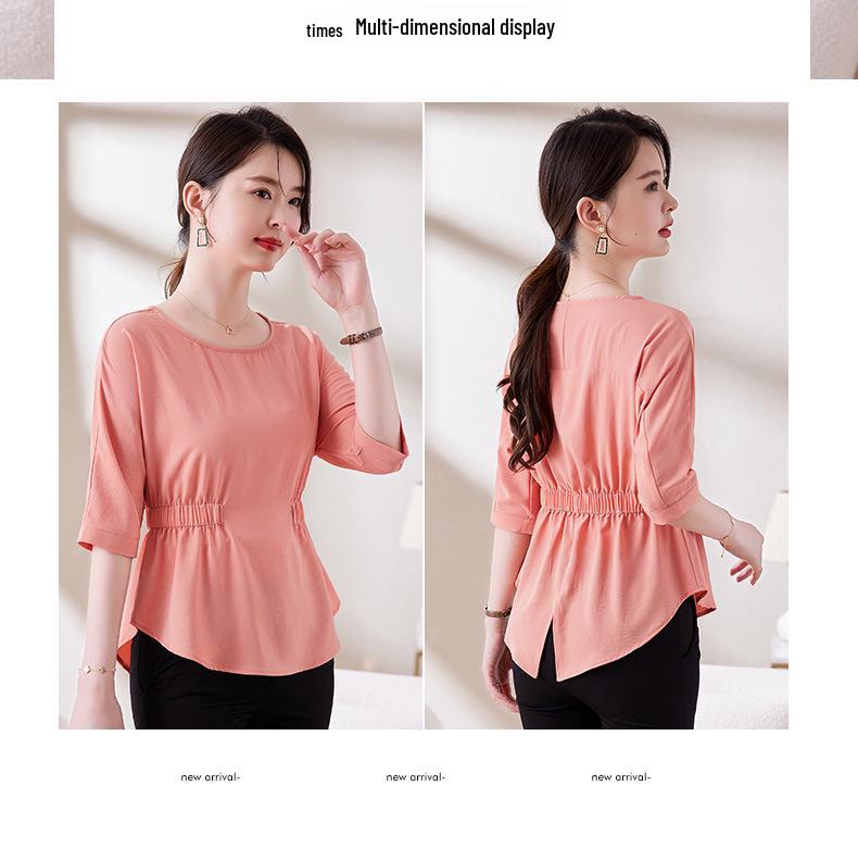 Chic Women's 2025 Slim Fit Pleated T-Shirt: Round Neck, Flattering Waist, Summer Style