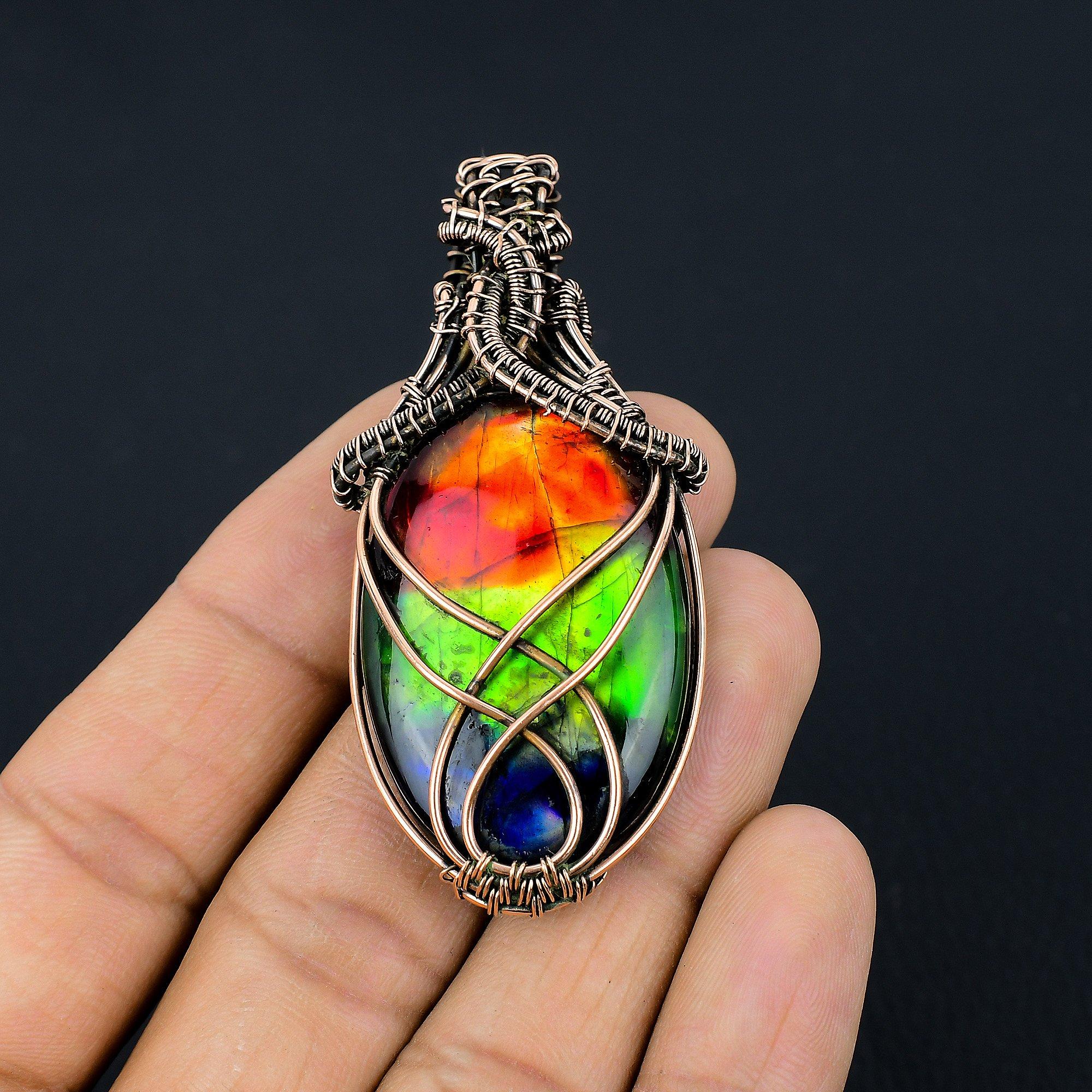 

Подвеска из трехцветного лабрадорита, драгоценный камень, украшения ручной работы, подвеска, оплетенная медной проволокой 999 пробы, ювелирный подарок для жены 2.55 Inches