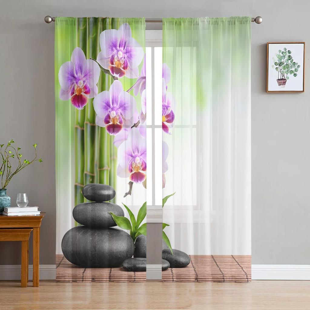 Black And White Bamboo Tulle Sheer Curtains for Living Room Decoration Window Curtain for Bedroom Kitchen Voile Organza Drapes