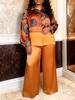 Plus Size Women's Geometric Satin Patchwork Suit - Flaw-Covering Shirt & Wide-Leg Pants Set