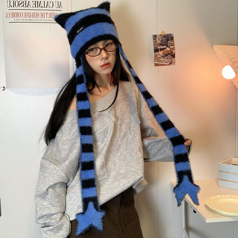 Y2K Subculture  Girl Sweet Cool Style Hat Star Striped Plush Knitted Hat