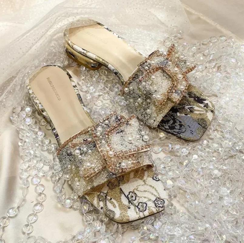 Blockabsatz Mode Flache Damen Strass-Slipper Damenschuhe Komfort Sommer Peeptoe Frau Schuhe Zapatos Mujer