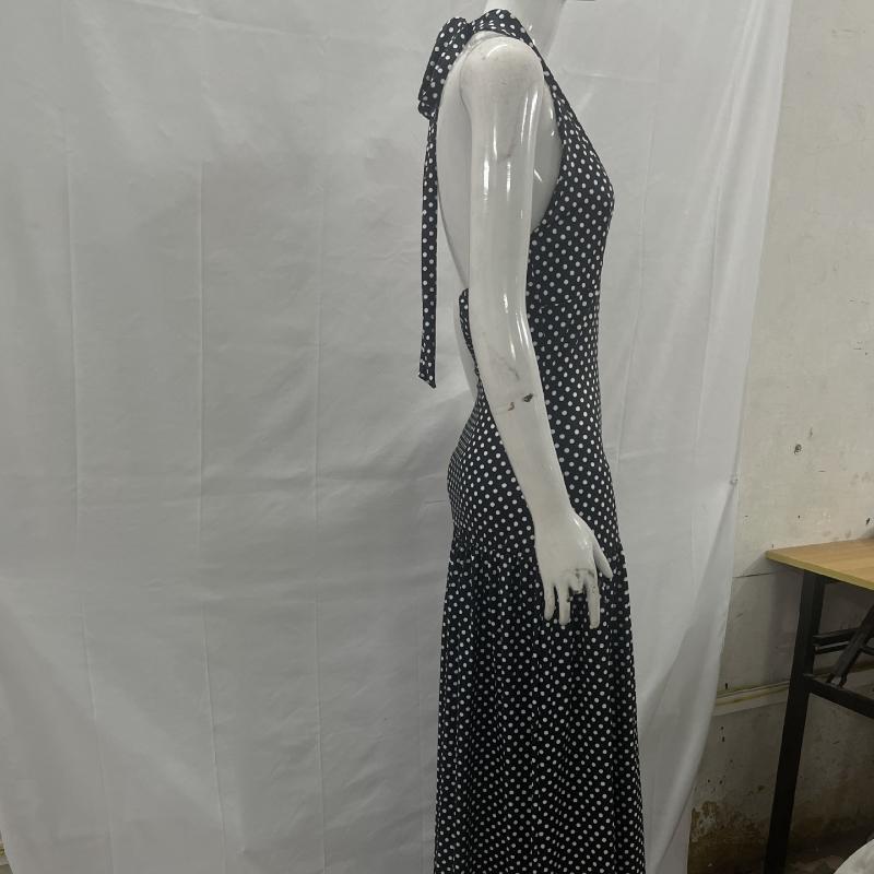 European and American neck hanging polka dot print deep V retro slim fit sexy backless jumpsuit long skirt