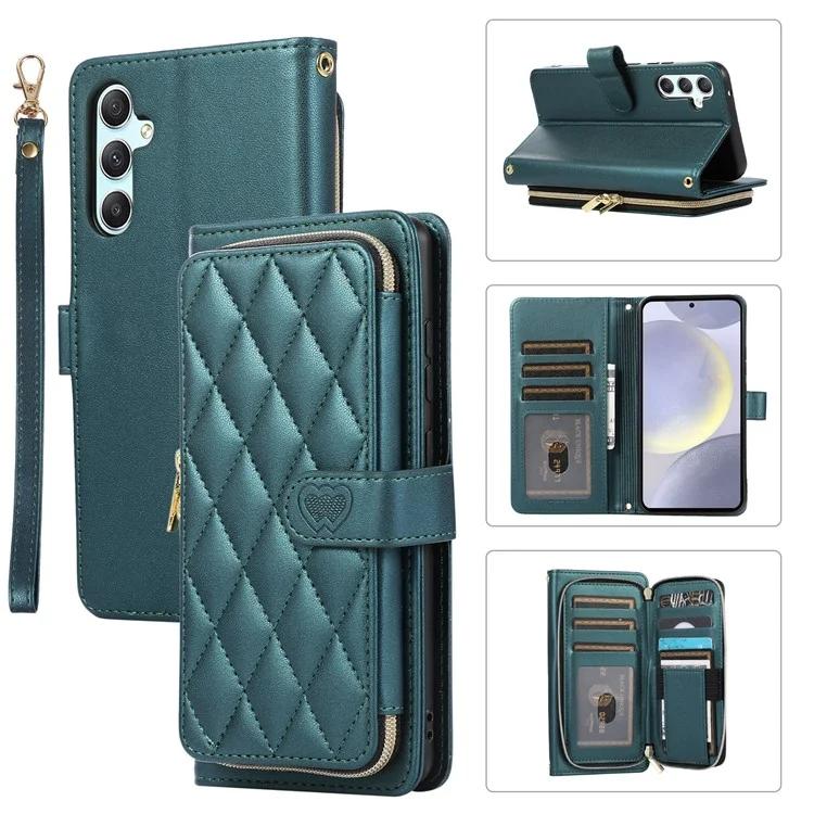 

For Samsung Galaxy S24+ Case PU Leather Rhombus Zipper Phone Cover with Wrist Strap