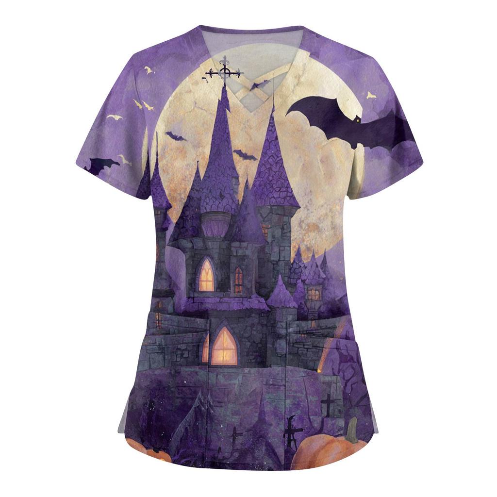 Women's Fashion  V-Neck Short Sleeve Overalls Double Pocket Halloween Printed Tops  Apparel