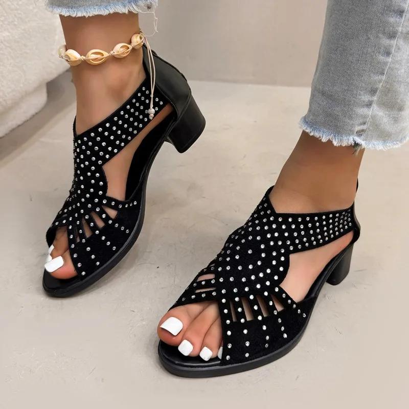 Ladies Shoes 2025 New Back Zipper Women's Sandals Crystal Office and Career Summer Open Toe Best Seller Heeled Sandals