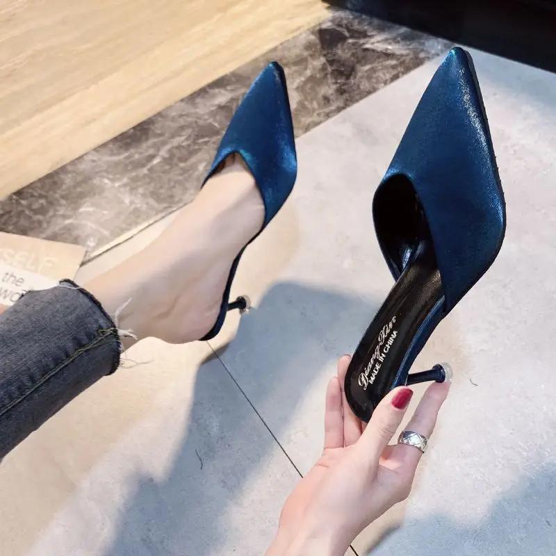 Fashion Blue Heeled Sandals 2025 Luxury Designer Woman Slippers Trend Clappers New Fashion Slides Comfortable and Elegan Shoes for Women