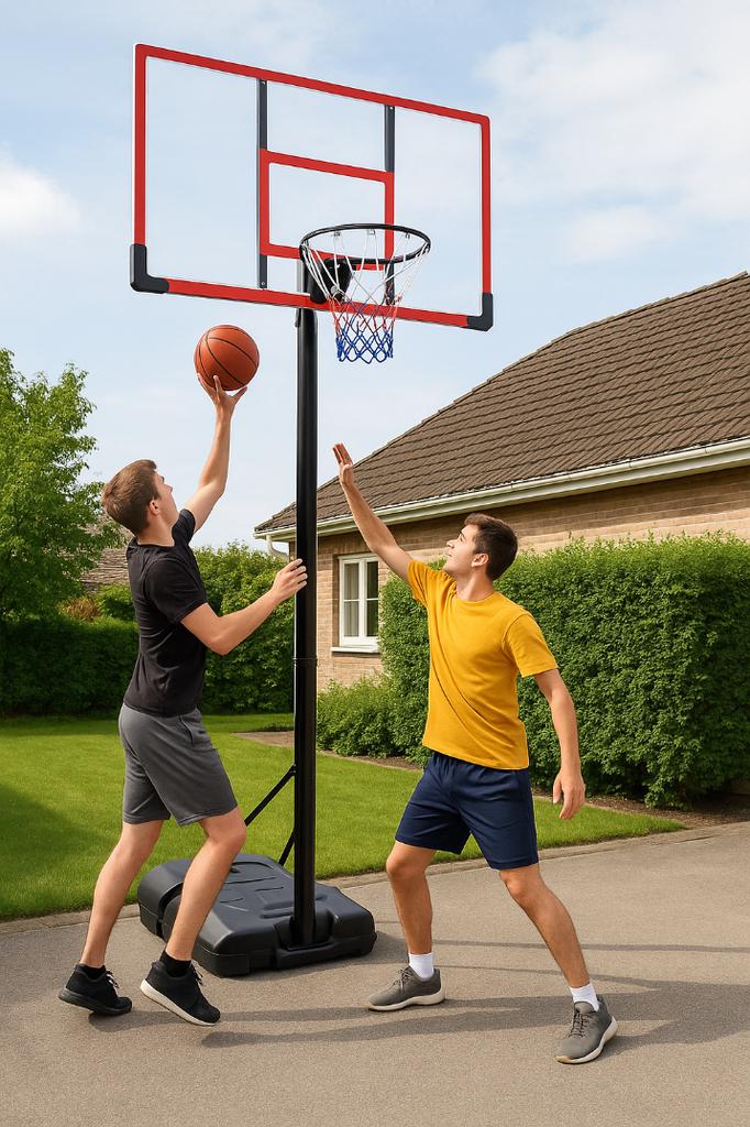 Freestanding basketball hoop with outdoor backboard, height adjustable