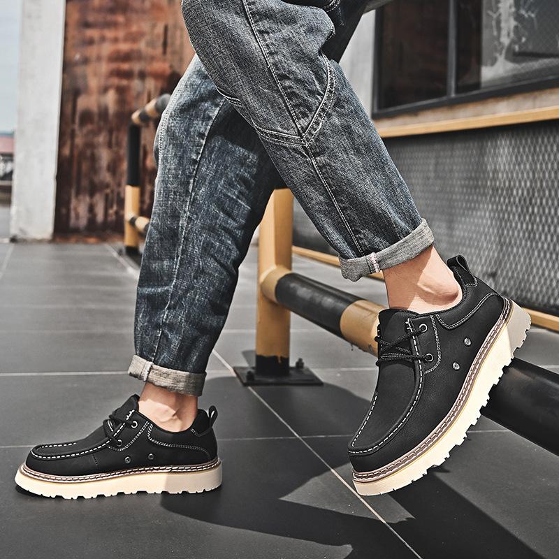 Board shoes men's 2025 new leather soft-soled casual trend versatile tooling shoes men's thick-soled heightening lace-up rhubarb boots