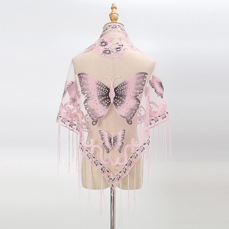 New Tassel Triangle Scarf, Solid Color Hollow Lace Butterfly Embroidered Triangle Shawl Scarf for Women
