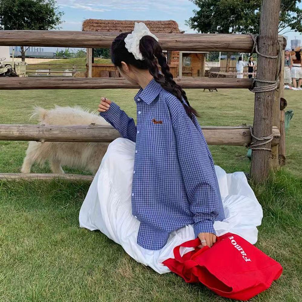 Women's Blue Plaid Dog Embroidery Long Sleeve Loose Shirt - Autumn/Winter 2025 Collection