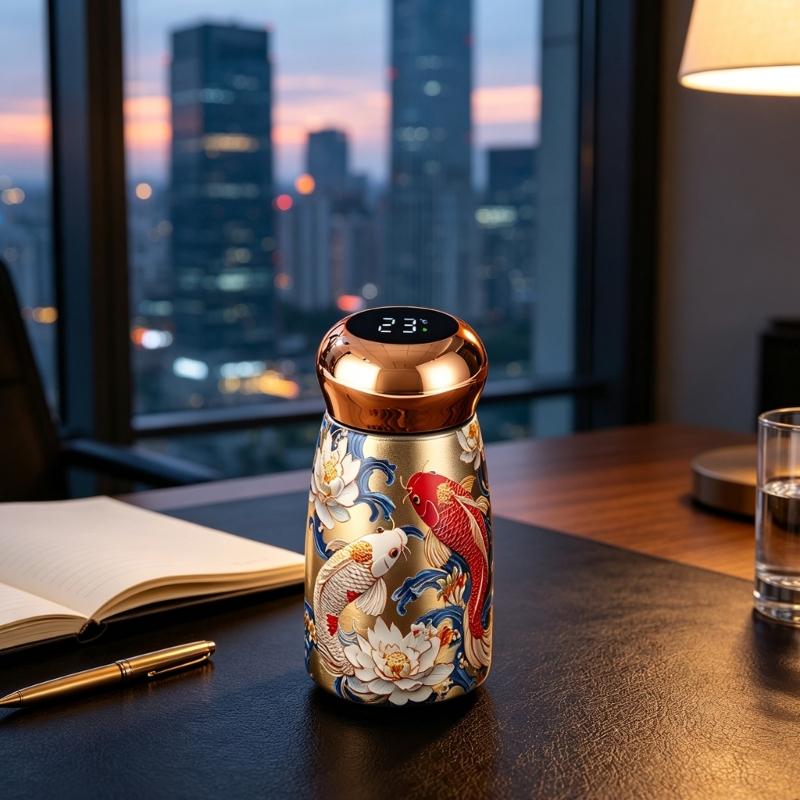 Stainless Steel Insulated Tumblers with Temperature Display, Decorative Florals Print Mini Thermal Cup for Office Desk Tea Coffee Beverage