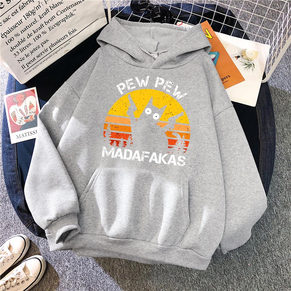 Pew Pew Madafakas Double Gun Cat Hoodie Women's Casual Fashion All-match Hoodie Sheep Warm New Pullover Harajuku Trend Hooded