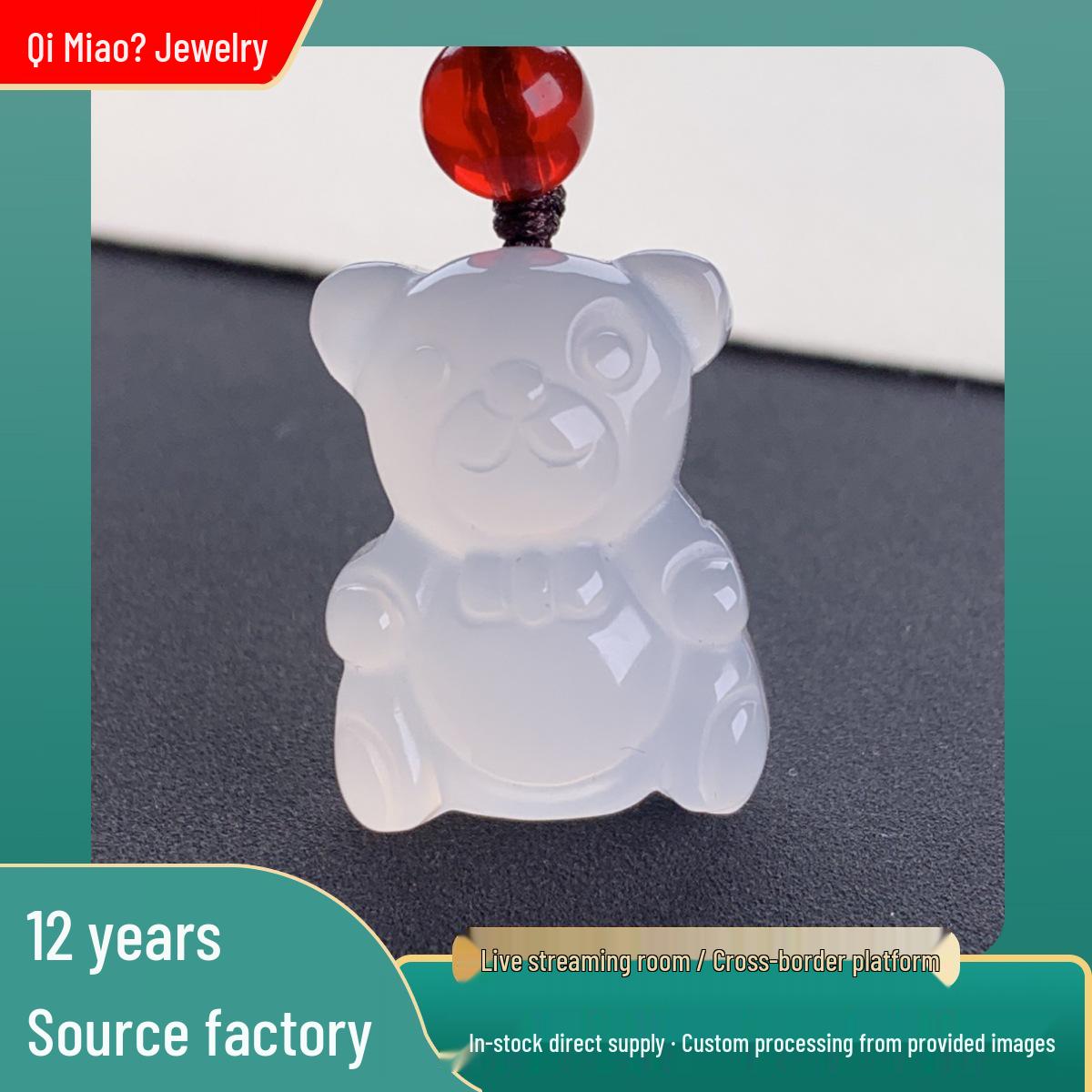 White Agate Teddy Bear Pendant Necklace White Agate