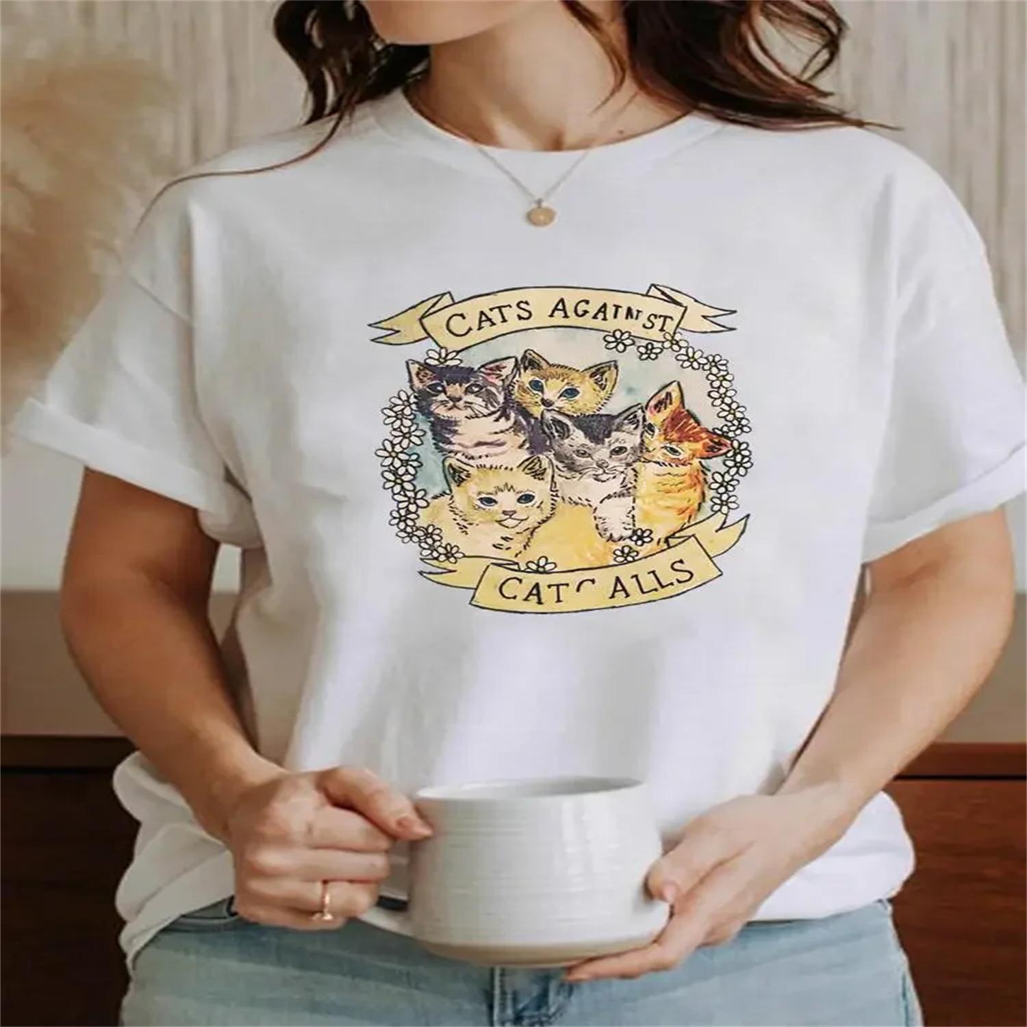 

Women Short Sleeve Lady Female Shirt Tee Fashion Cat Funny Cartoon Trend Clothes Print Summer Graphic T-shirt XXXXXL