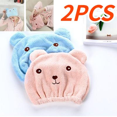 2PCS Cute Bear Microfiber Hair Turban Quickly Dry Towel Microfibre After Shower Towel Quick Dry Hat Cap Head Bathing Tools Turban