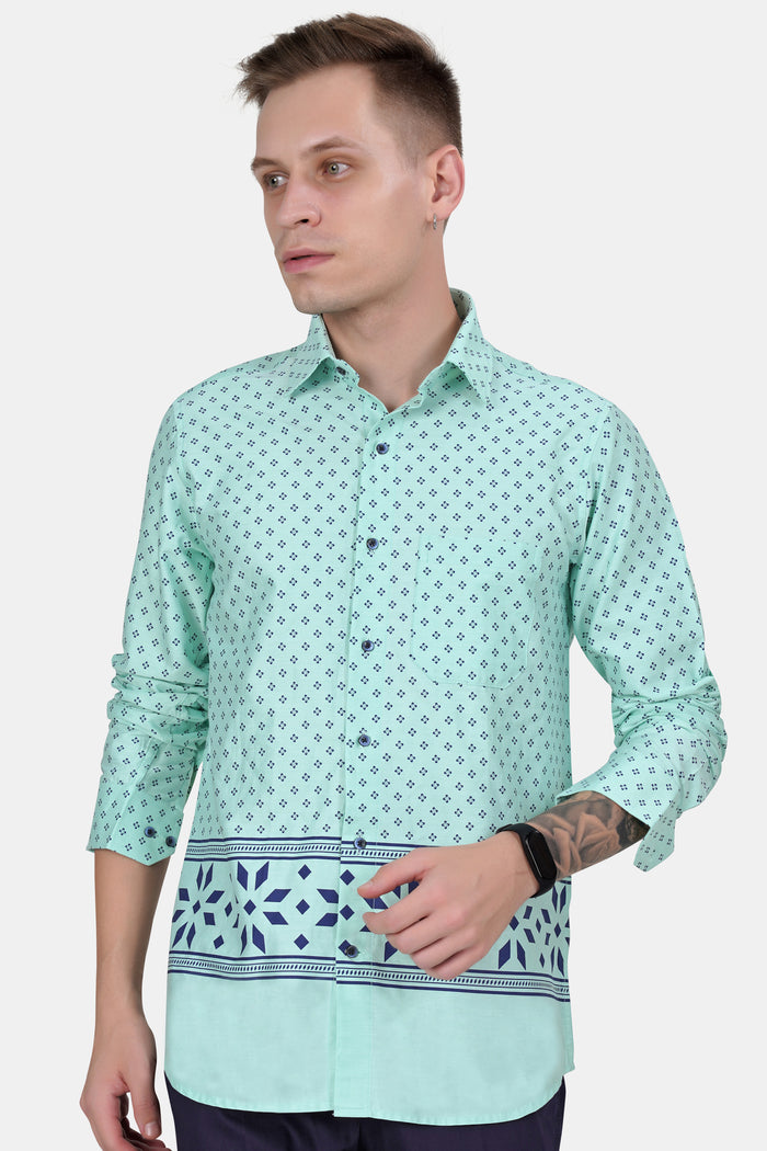 

Montecarlo Green and Prussian Blue Block Printed Twill Premium Cotton Shirt 40