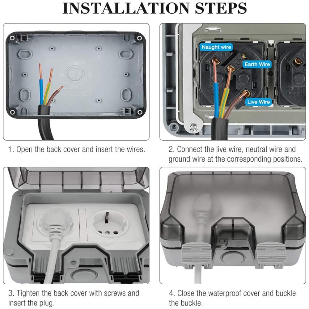 16A Outdoor Switched Waterproof Socket Wall Electrical Power Outlet Dual USB Ports 2 Gang