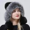 Real Mink Fur Hats Knitted Ear Cap Genuine Warm Snow Fluffy Female Fox Fur Hat Outdoor Luxury Woman Hat