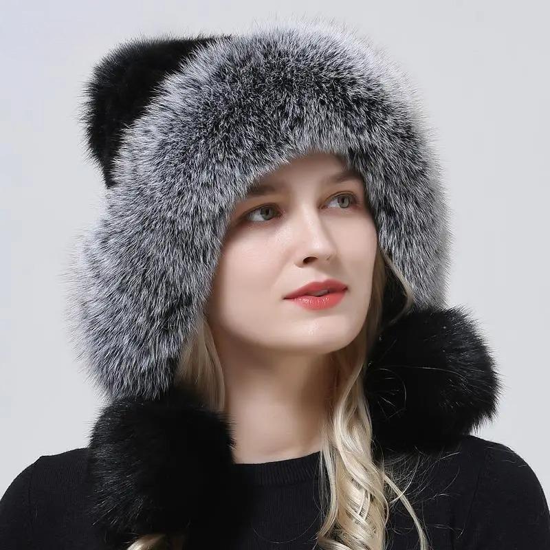 Real Mink Fur Hats Knitted Ear Cap Genuine Warm Snow Fluffy Female Fox Fur Hat Outdoor Luxury Woman Hat