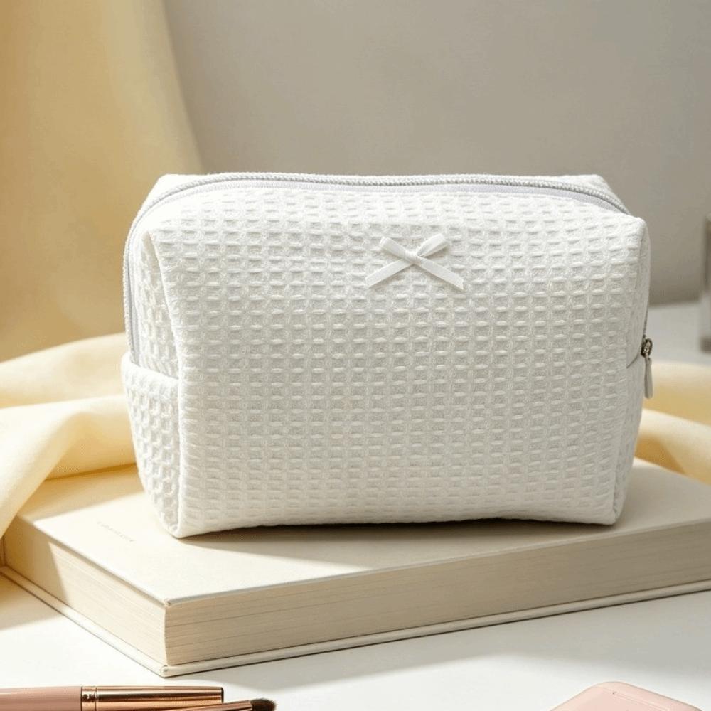 Large Capacity Waffle Knit Makeup Bag Bow Decor Toiletry Organizer Sweet Cosmetic Bag Daily