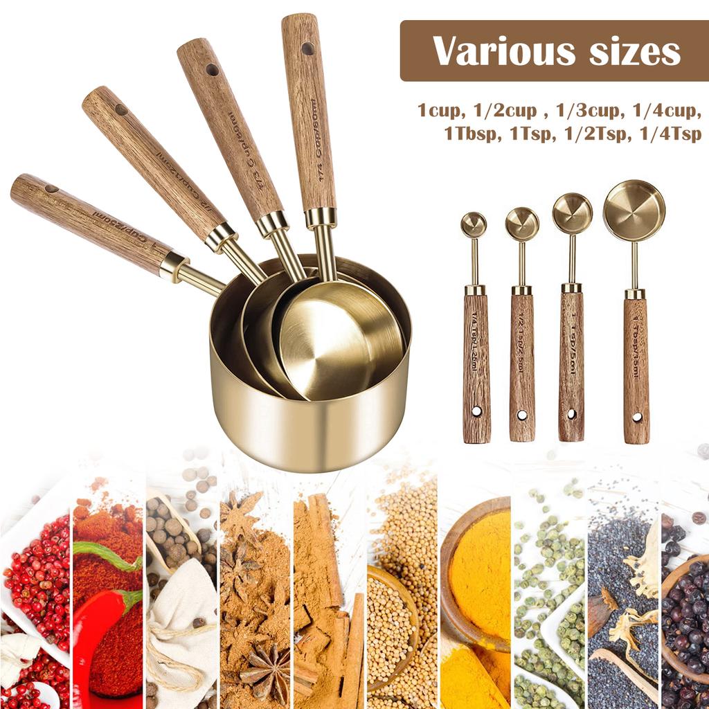 8 Pcs Stainless Steel Measuring Cups Spoons Wooden Handle Coffee Measuring Spoon Set Gold Measure Cup Baking Tools for Kitchen