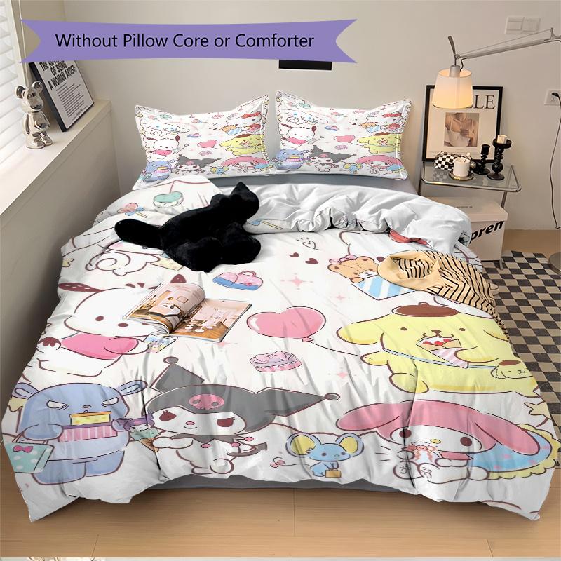 3pcs Sanrio Characters Pom Pom Purin Pochacco Print Bedding Set (1 Cover + 2 Pillowcases, Without Inserts),  Soft and Comfortable W092
