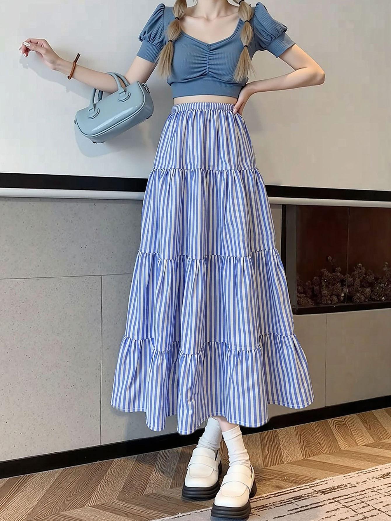 Summer new holiday style casual retro French striped splicing cake skirt skirt women S