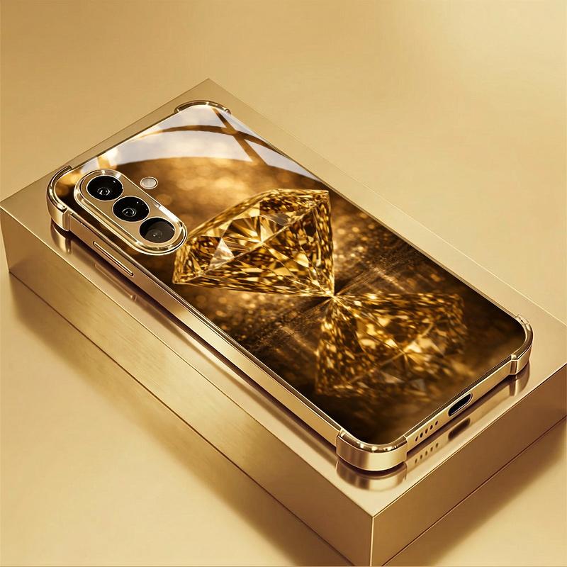 Sparkling Gold Diamond Pattern Glass Phone Case Suitable for Samsung Galaxy S26 S25 S24 S22 S21 S20 FE/Ultra/Plus Anti Drop Case