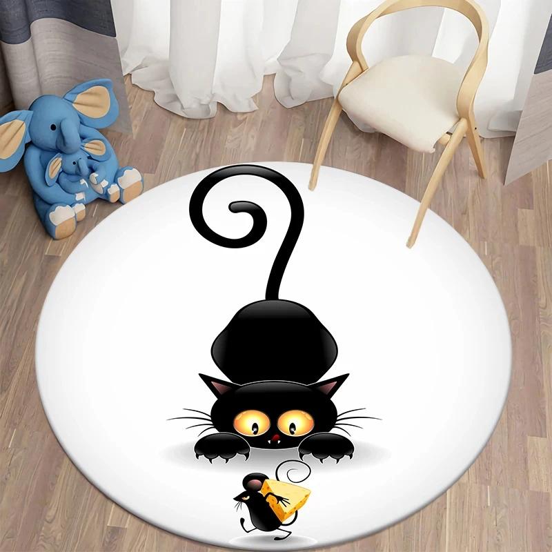Black Cat Round Carpet Kawaii Cartoon Animal Print Rug for Living Room Bedroom Chair Decor Comfort Yoga Mat Non Slip Floor Mats