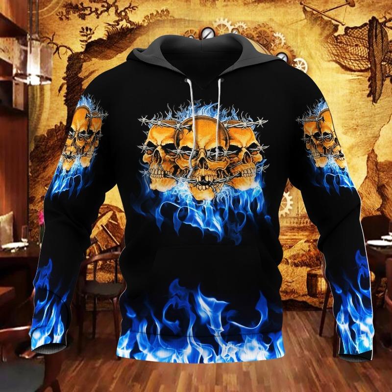 Autumn Vintage Hoodie Men Skull Flaming Graphic 3D Print Hip Hop Style Casual Men's Long Sleeve Oversize Comfortable Clothing