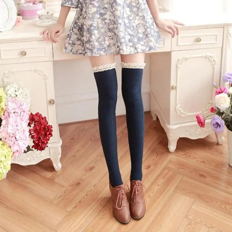 Women Fashionable Solid Color Warm Cotton Thigh High Long Stockings Knit Over Knee Lace Girls Socks Accessories Creative Gifts