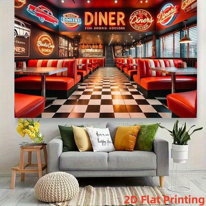 2D Flat Retro American Restaurant Background Fabric - Red and White Checkered Floor Neon Sign and Car Design