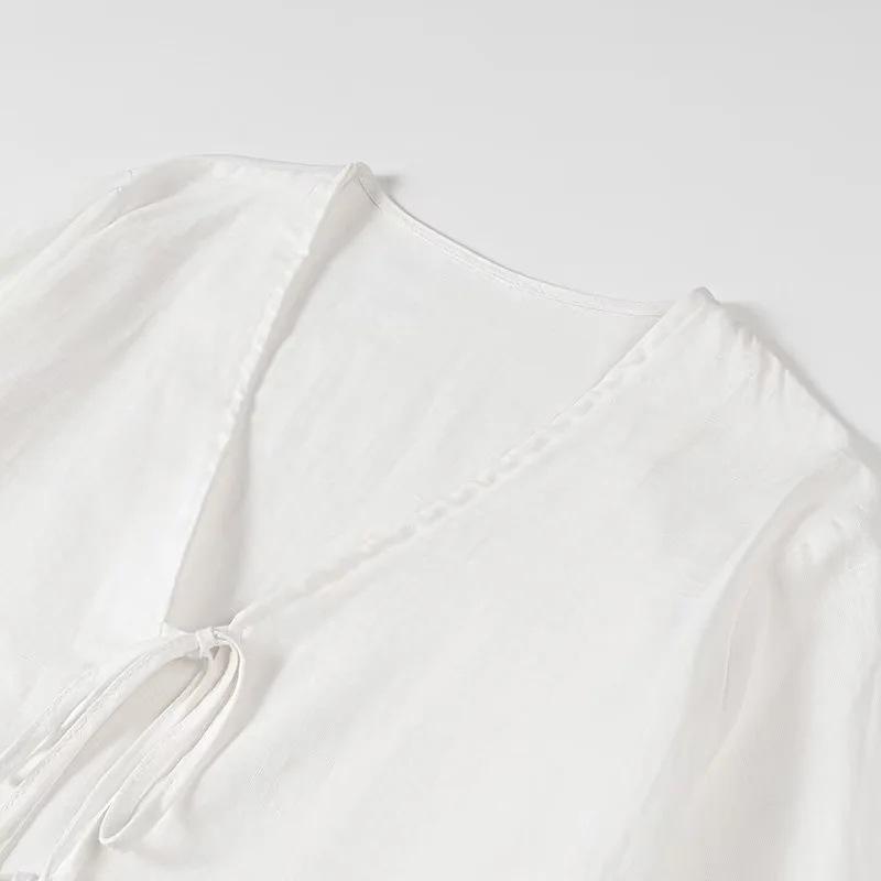 2025 Sommer Hvite Snøreskjorter for Kvinner Elegant Løs Langermet V-hals Bluse Dame Ensfarget Casual Street Chic dame Topper