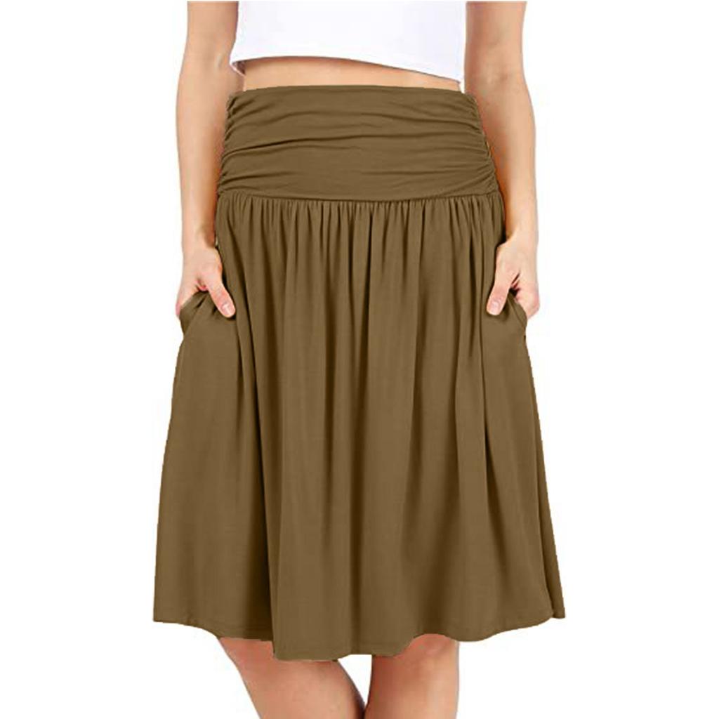 Women Regular Skirt With Pockets Below The Knee Length Solid Color Ruched Flowy Midi Skirt